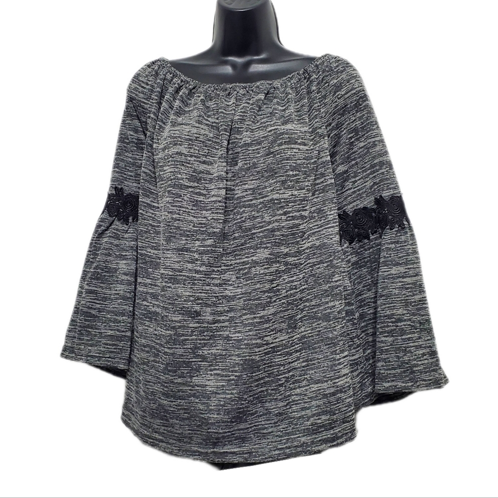 2/$30 Unique Spectrum Women's Off Shoulder Bell Sleeve Top w Black Lace Detail